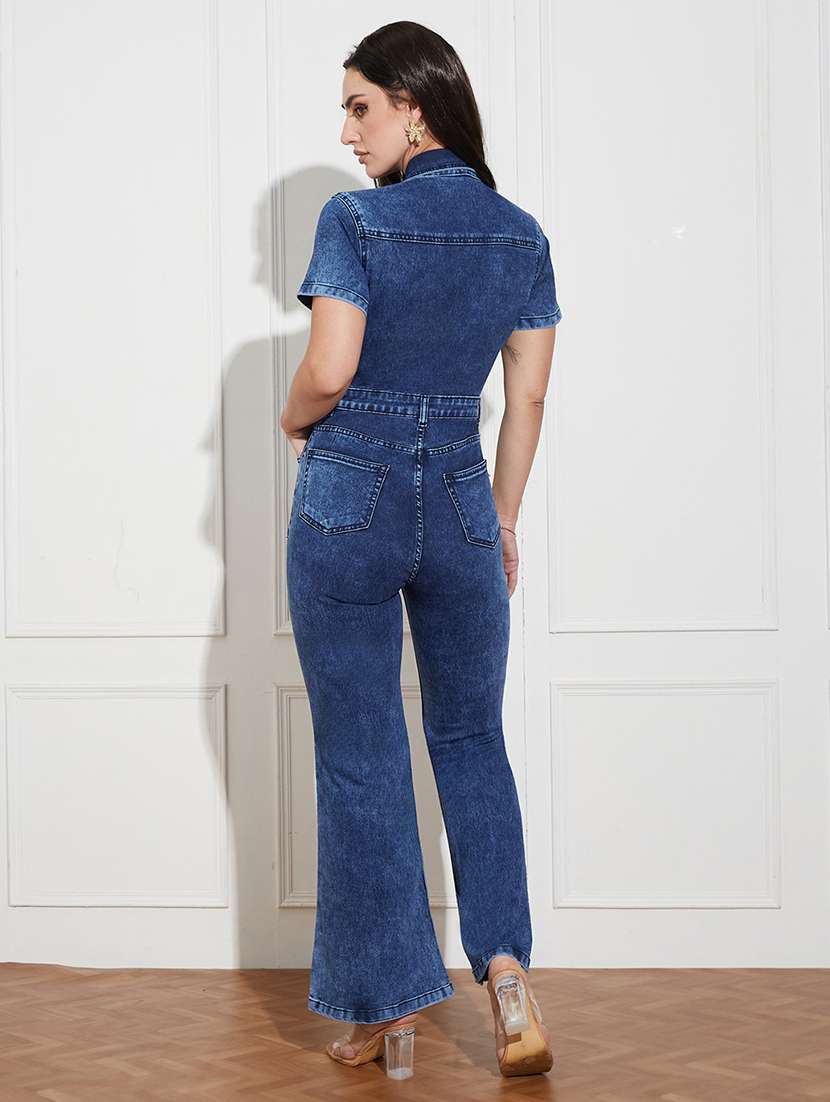 Women Solid Collared Short Sleeve Denim Jumpsuit - 22433481 -  Standard Image - 4