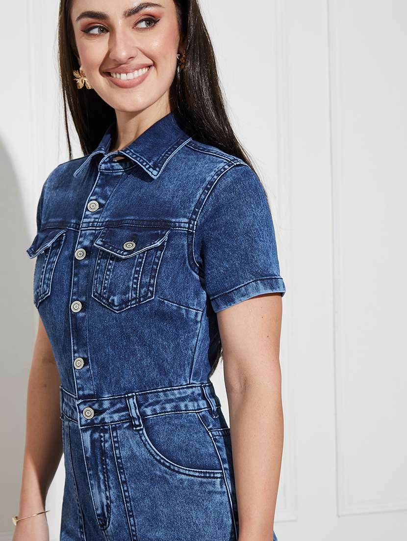 Women Solid Short Sleeve Collared Denim Jumpsuit - 22433486 -  Standard Image - 1