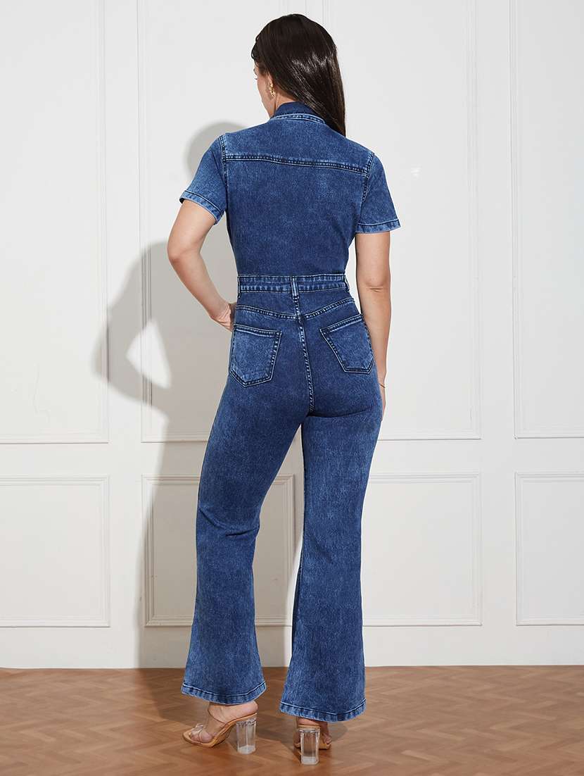 Women Solid Short Sleeve Collared Denim Jumpsuit - 22433486 -  Standard Image - 4