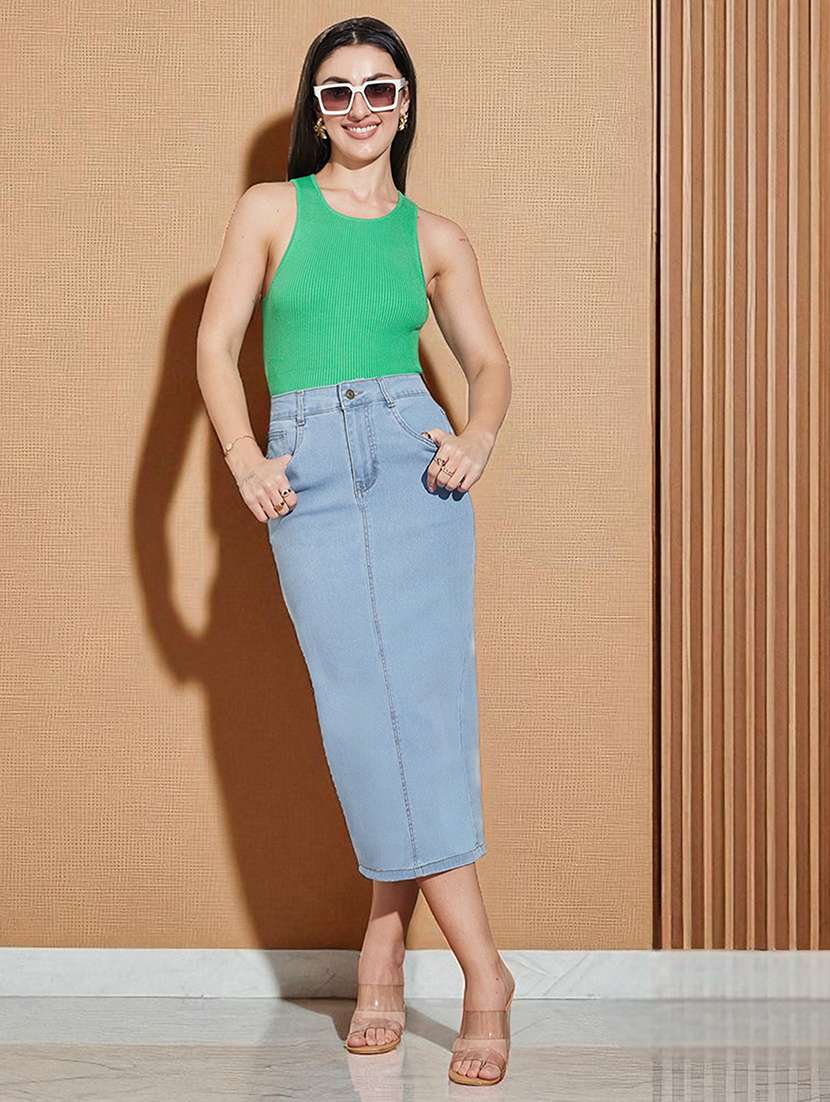 women solid high rise denim straight skirt - 22433523 -  Standard Image - 4