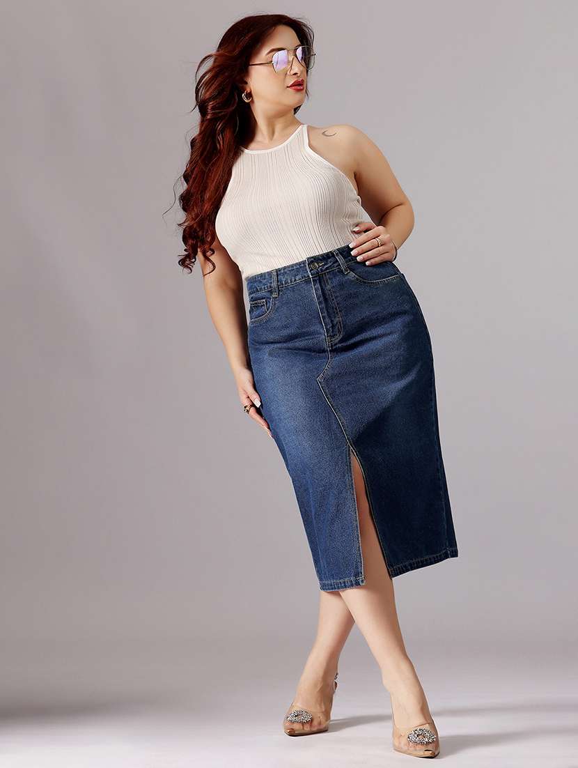 women solid high rise denim skirt - 22433527 -  Standard Image - 4