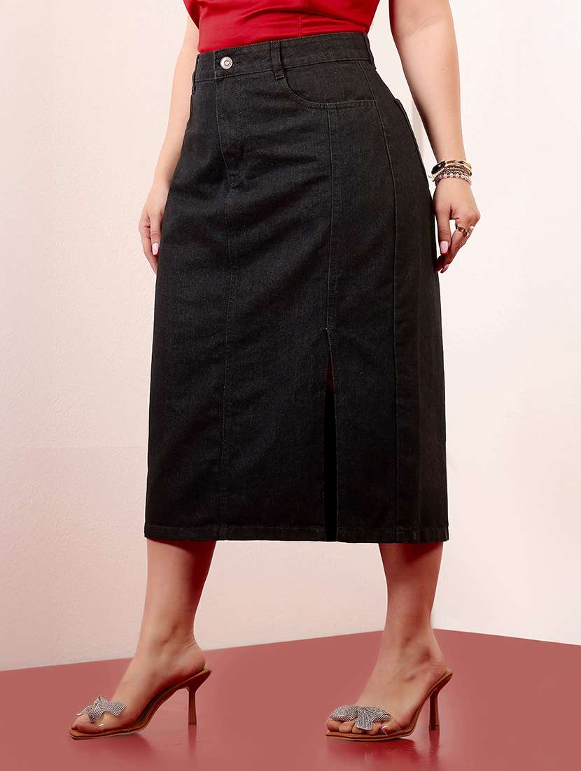 women solid high rise denim skirt - 22433530 -  Standard Image - 1