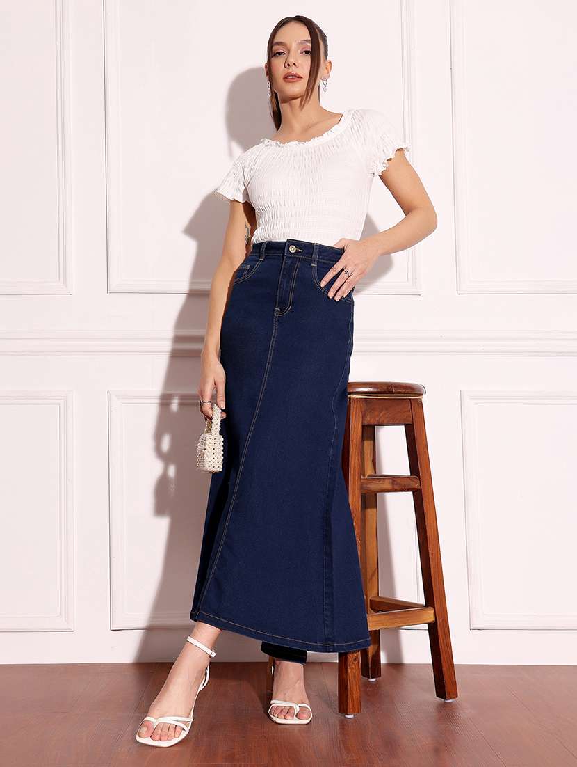 women solid high rise denim a-line skirt - 22433532 -  Standard Image - 4