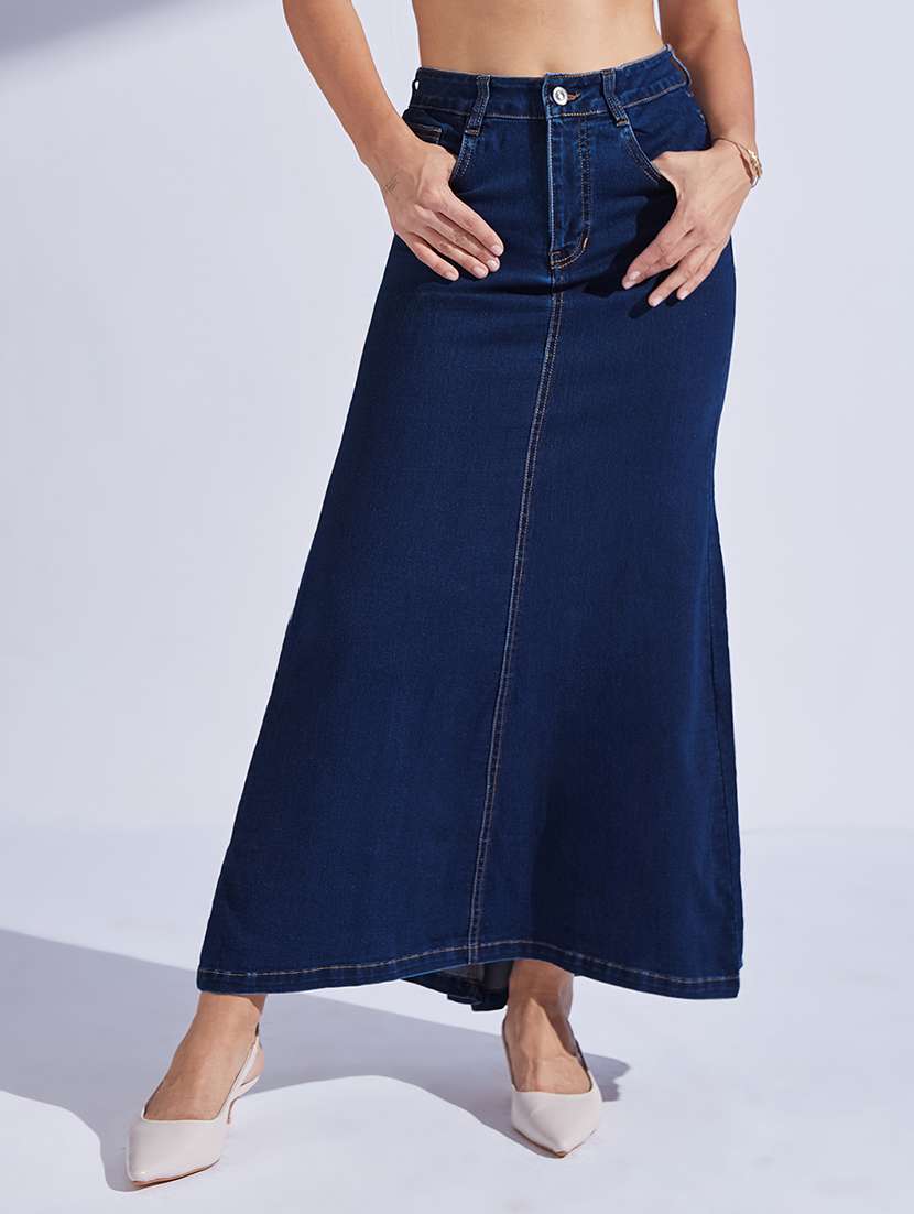 women solid high rise denim a-line skirt