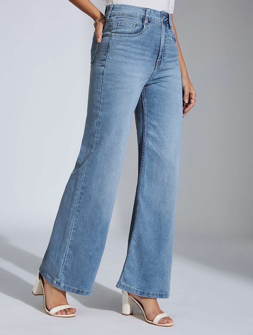 women solid high rise wide leg jean