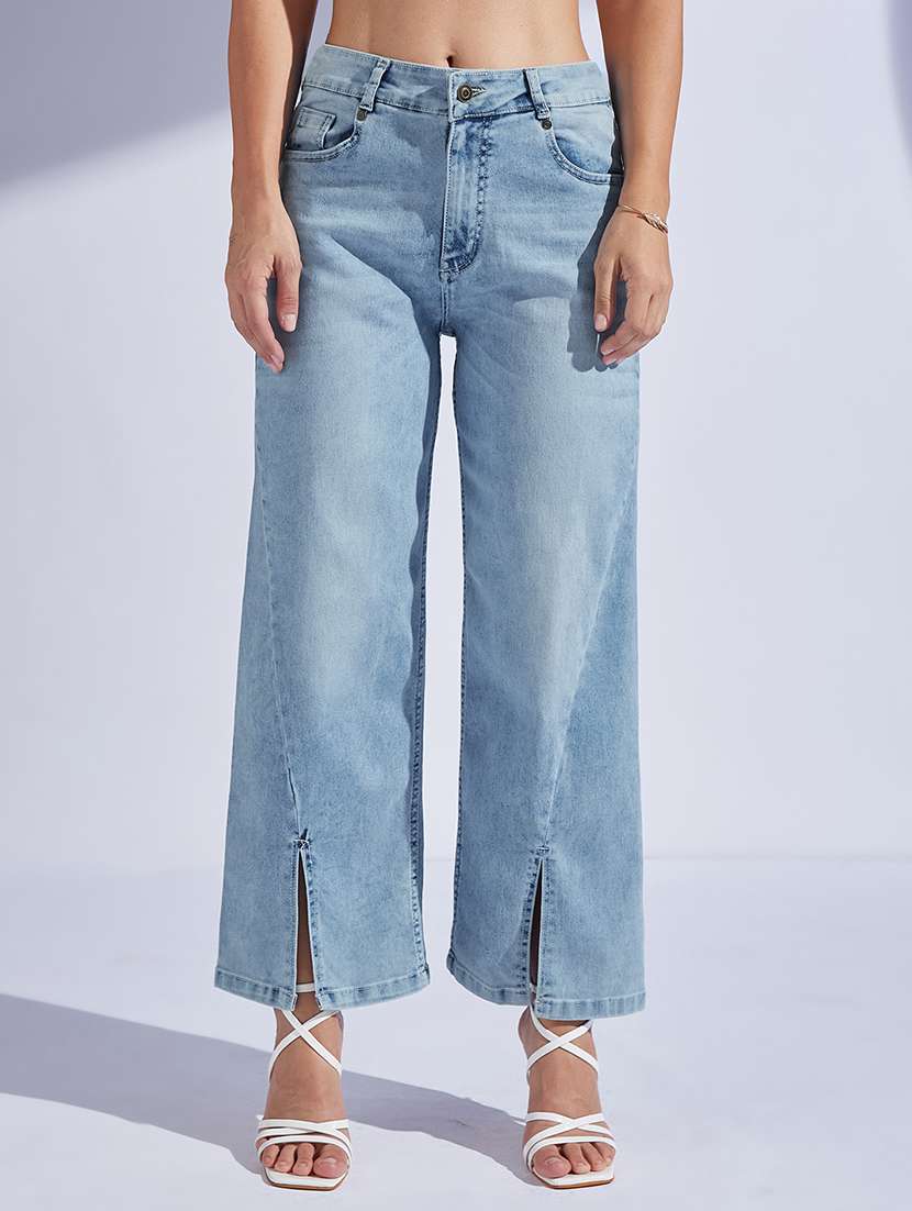women solid high rise wide leg jeans
