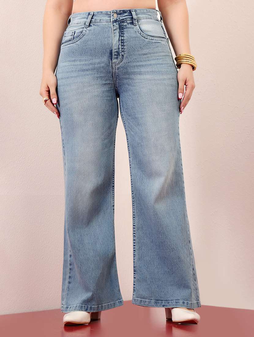 women solid high rise wide leg jeans