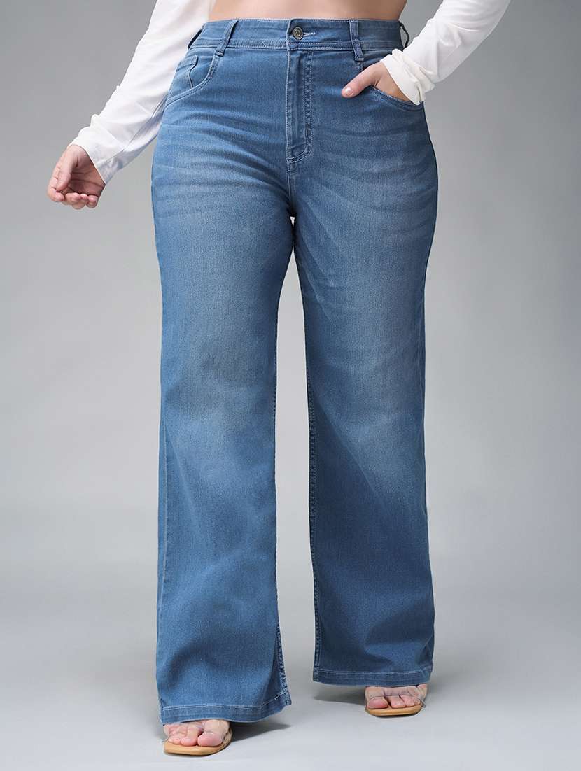 women solid high rise wide leg jeans