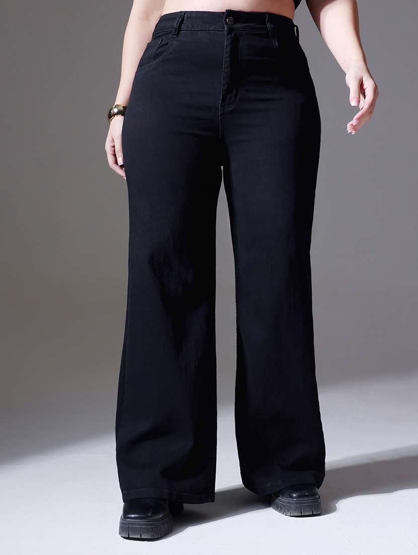 women solid high rise wide leg jeans