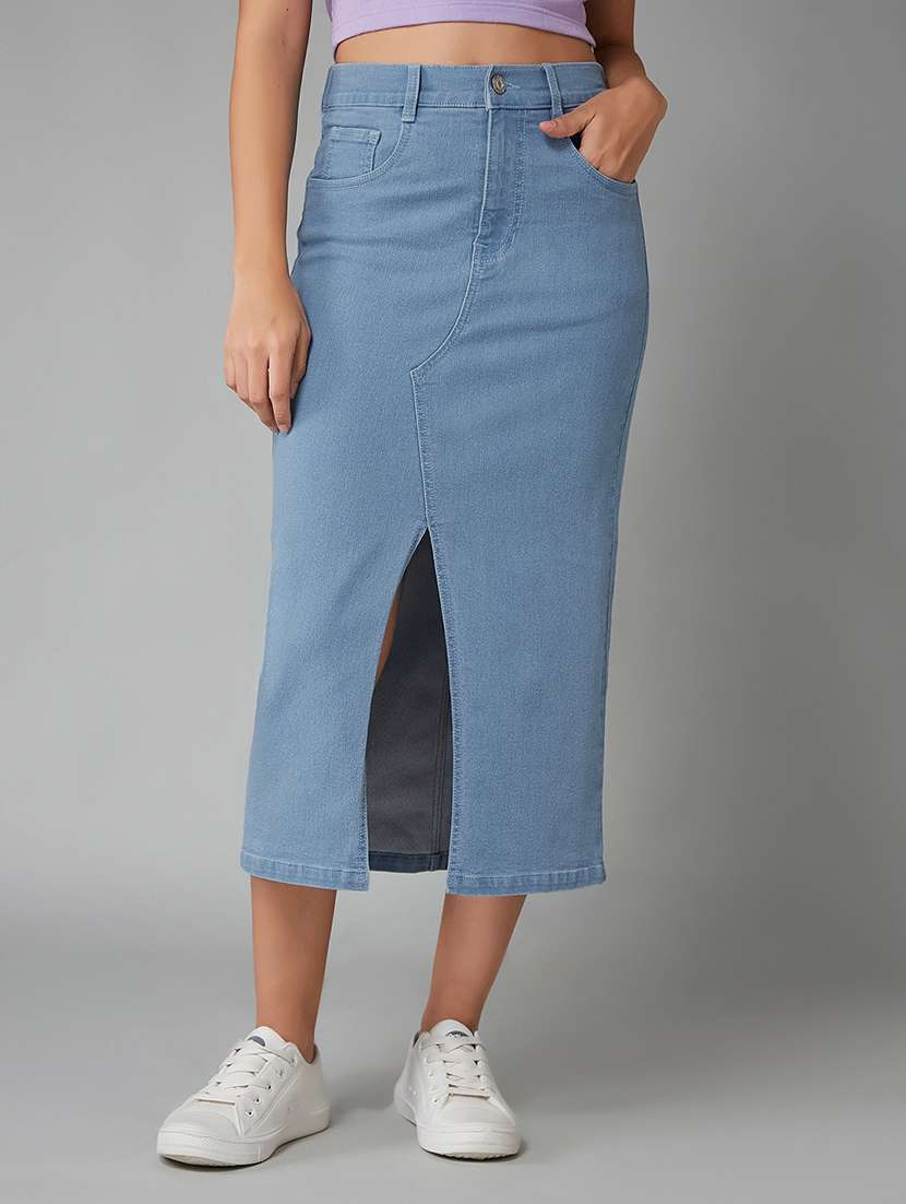 women blue cotton straight skirt