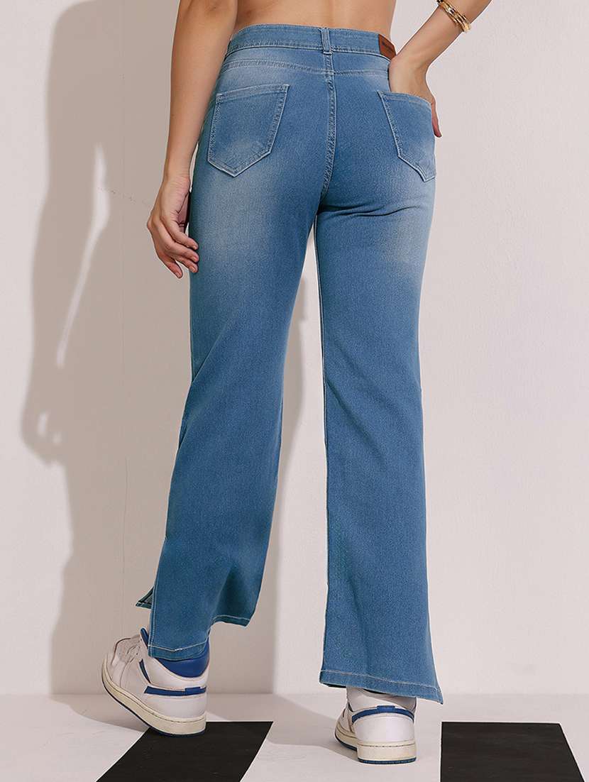 women distress wide leg mid rise blue jeans - 22433772 -  Standard Image - 4