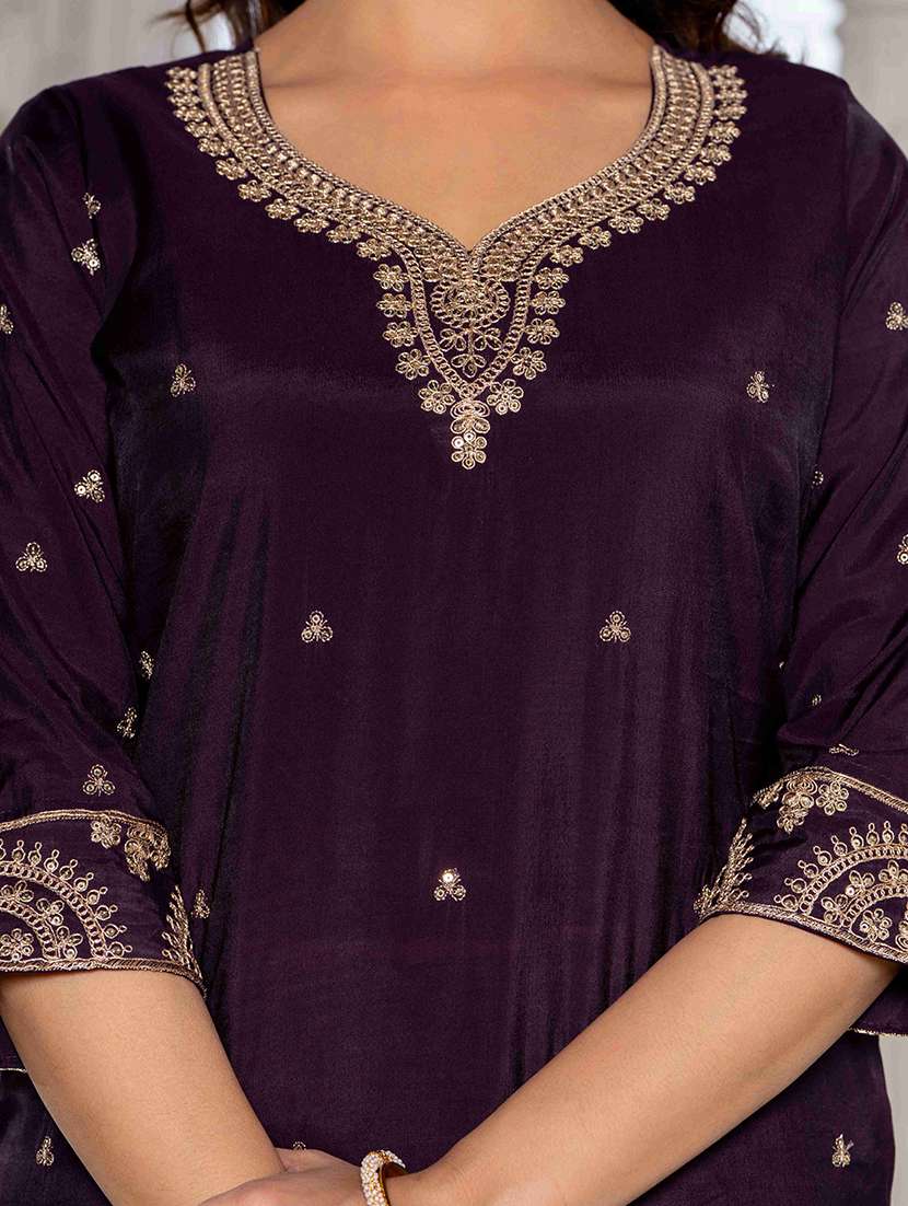 women solid with work three quarter sleeve kurta pant with dupatta set - 22433917 -  Standard Image - 1