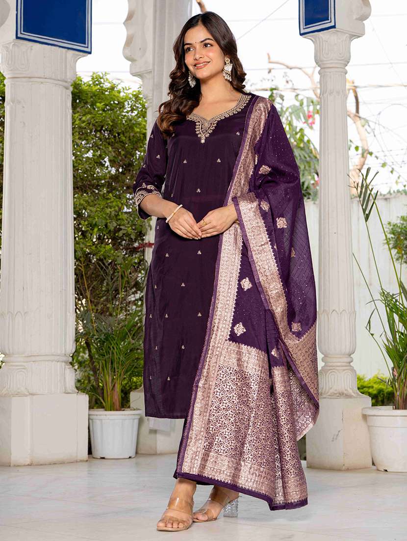 women solid with work three quarter sleeve kurta pant with dupatta set - 22433917 -  Standard Image - 4