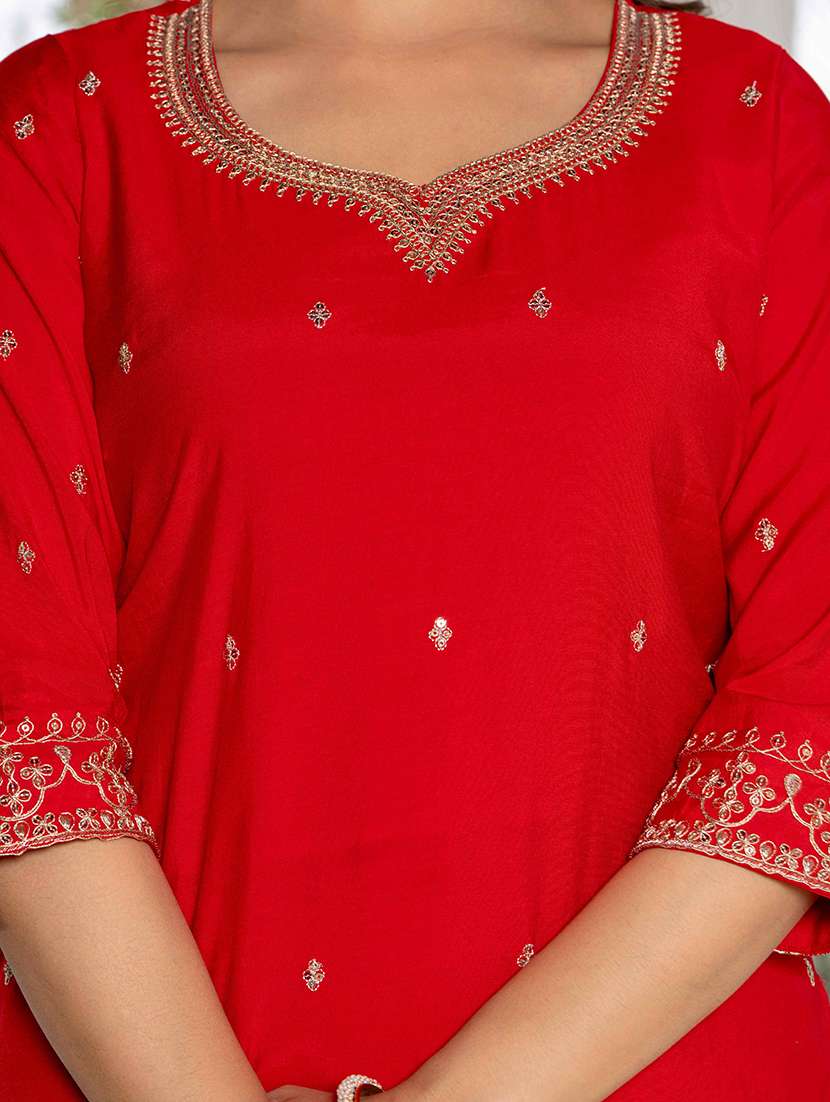 women solid with work three quarter sleeve kurta pant with dupatta set - 22433918 -  Standard Image - 1