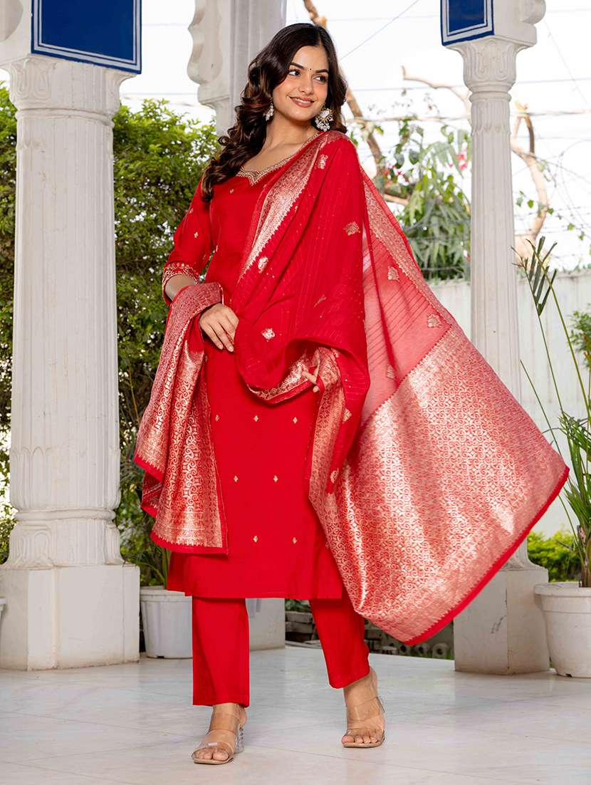 women solid with work three quarter sleeve kurta pant with dupatta set - 22433918 -  Standard Image - 4