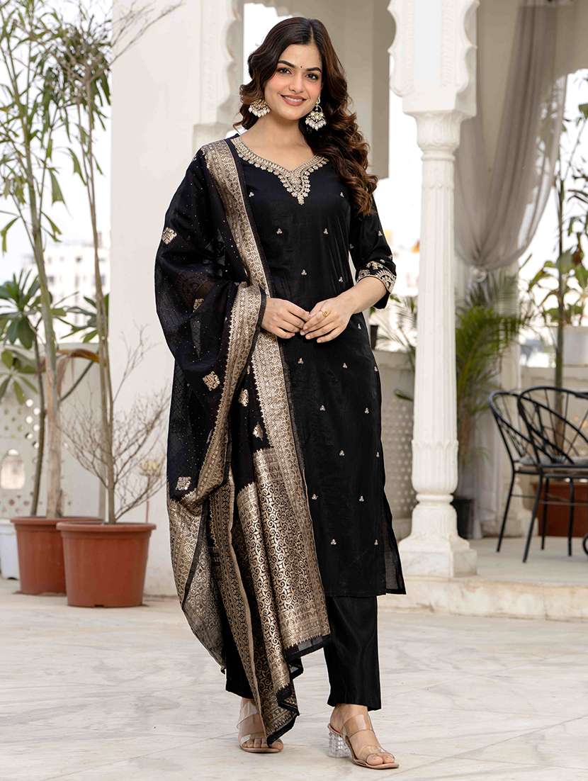 women solid with work three quarter sleeve kurta pant with dupatta set - 22433919 -  Standard Image - 1