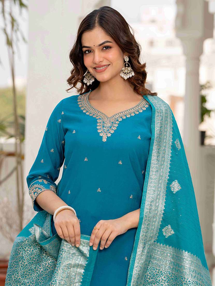 women solid with work three quarter sleeve kurta pant with dupatta set - 22433920 -  Standard Image - 1