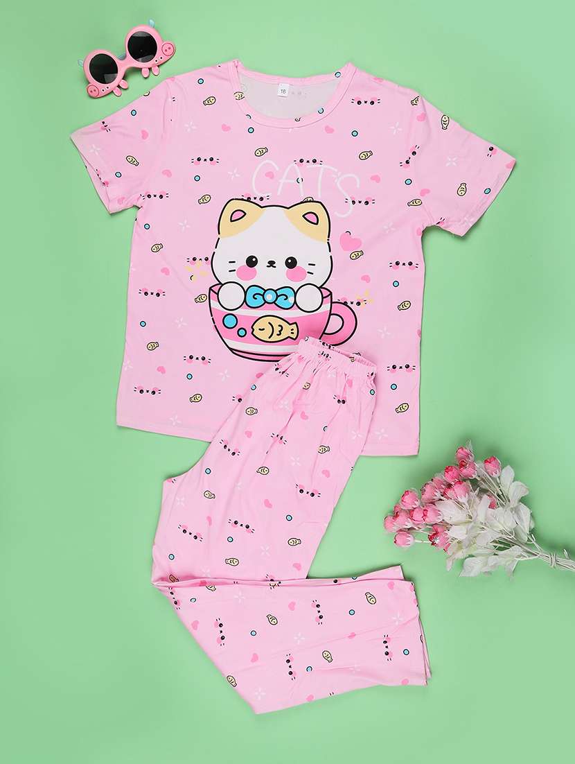 girls printed round neck top and pyjama nightwear set - 22434426 -  Standard Image - 1
