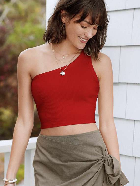 women solid single shoulder crop top