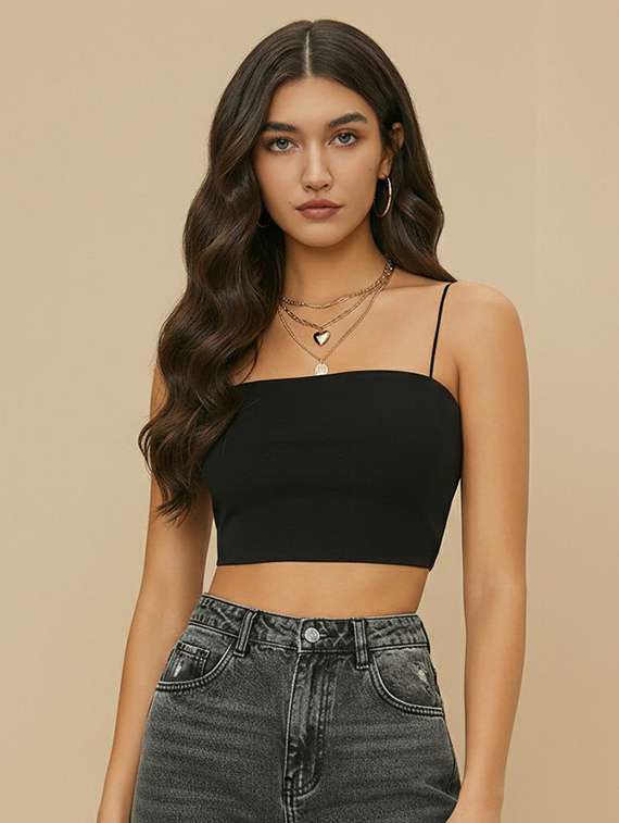 women solid shoulder strap crop top