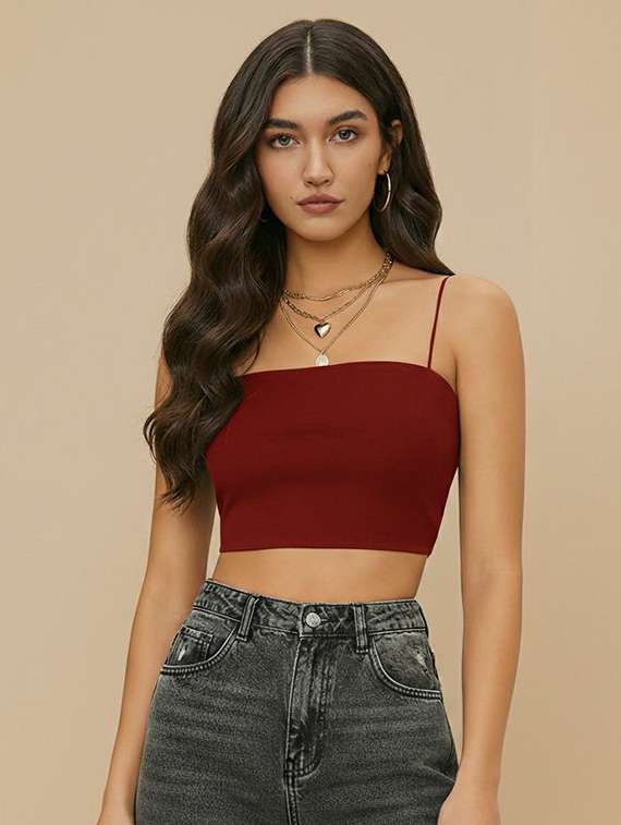 women solid shoulder strap crop top
