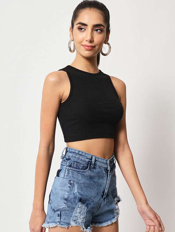 women solid sleeveless crop top - 22434940 -  Standard Image - 1