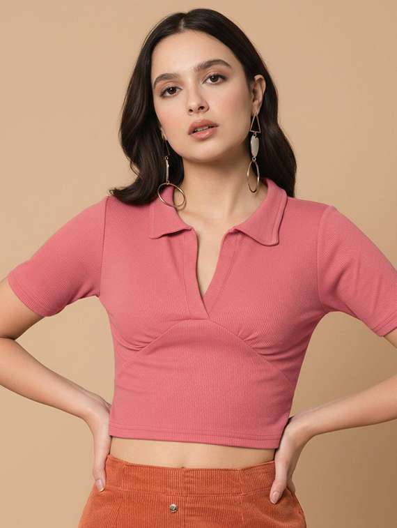 women solid short sleeve collared crop top