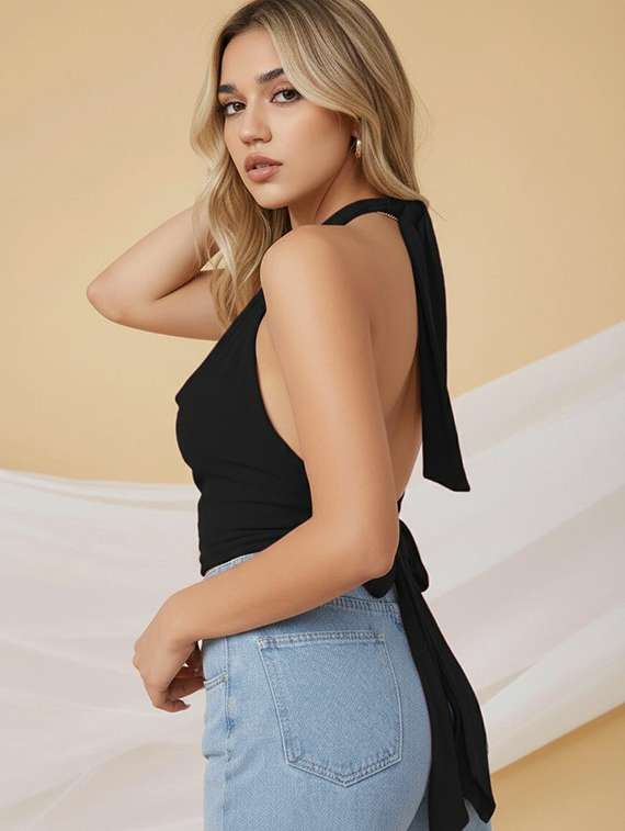 women solid halter neck backless crop top - 22434976 -  Standard Image - 1