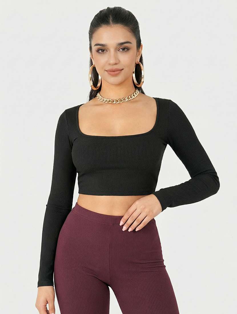 women solid long sleeve crop top