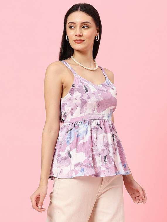 women printed shoulder strap peplum top