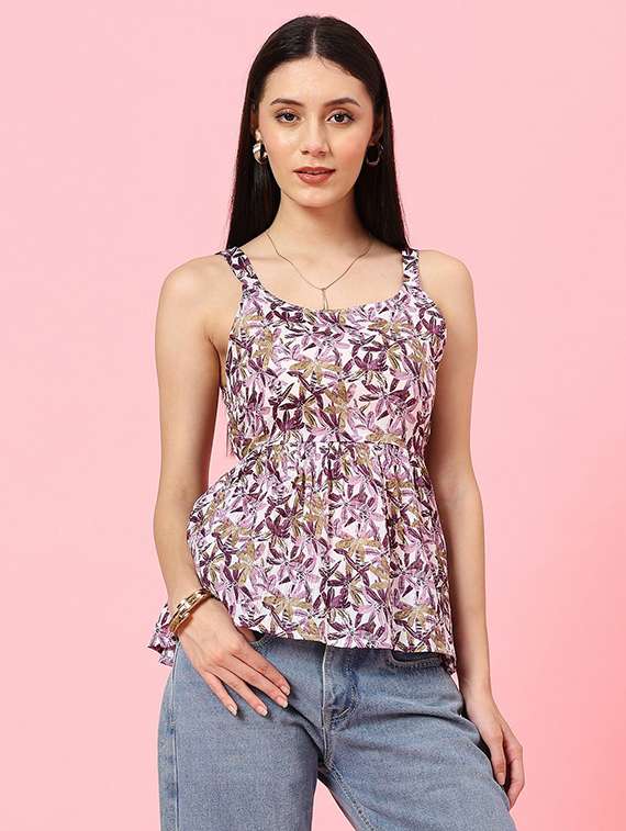 women printed shoulder strap peplum top