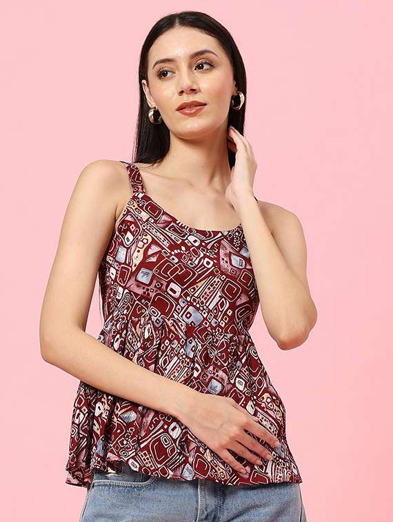 women printed shoulder strap peplum top