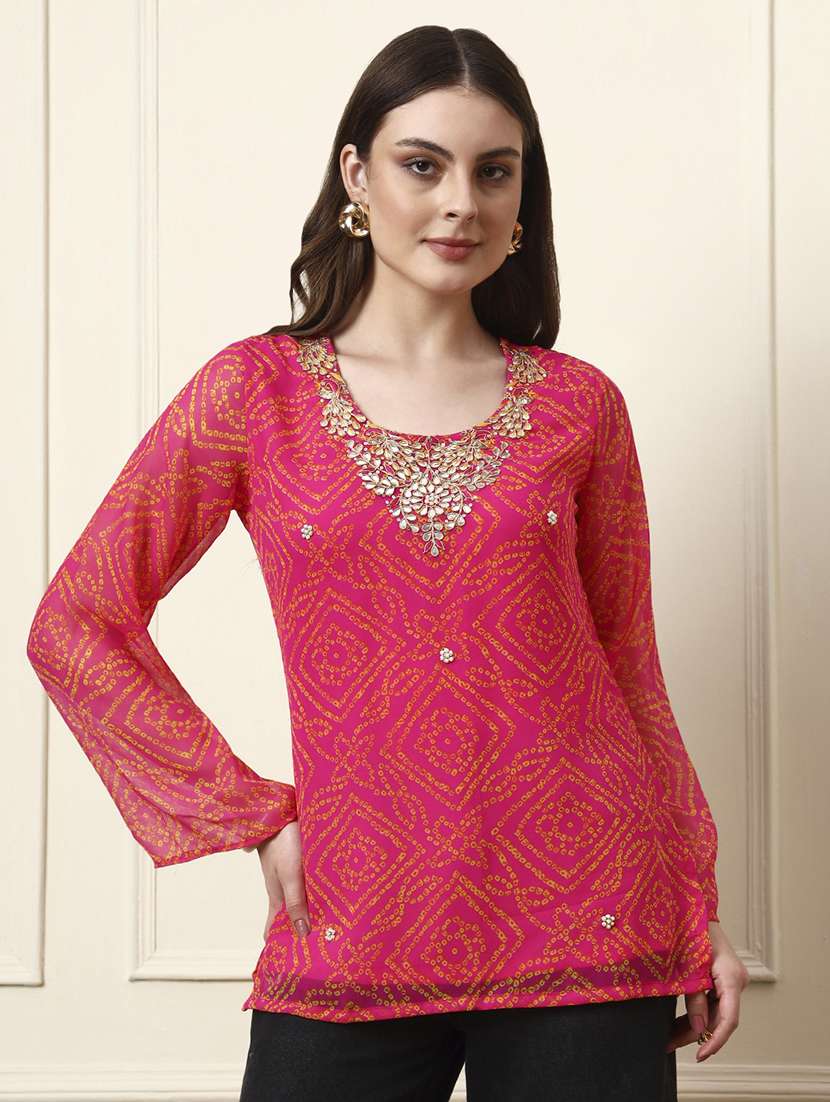 women printed pink georgette regular top