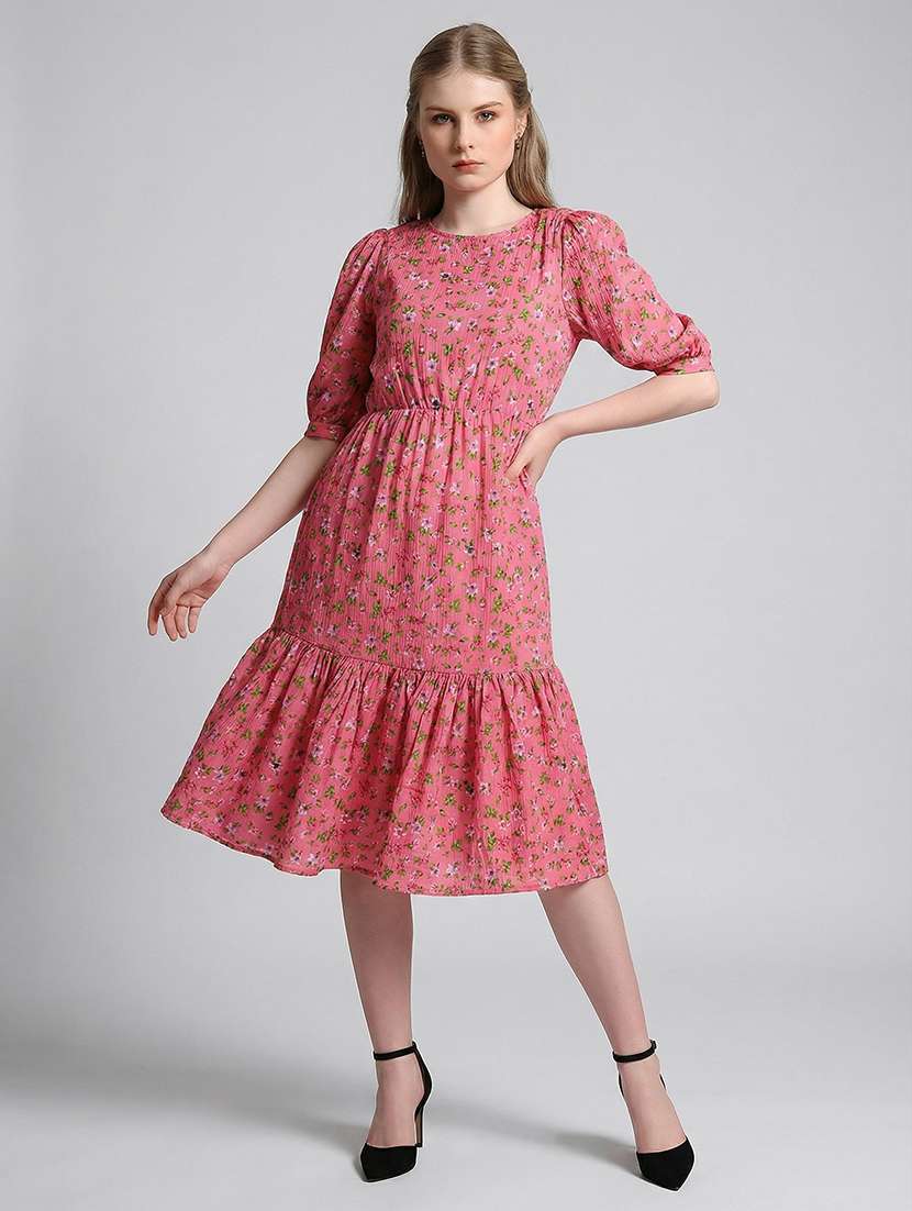 women floral print puff sleeve tiered dress
