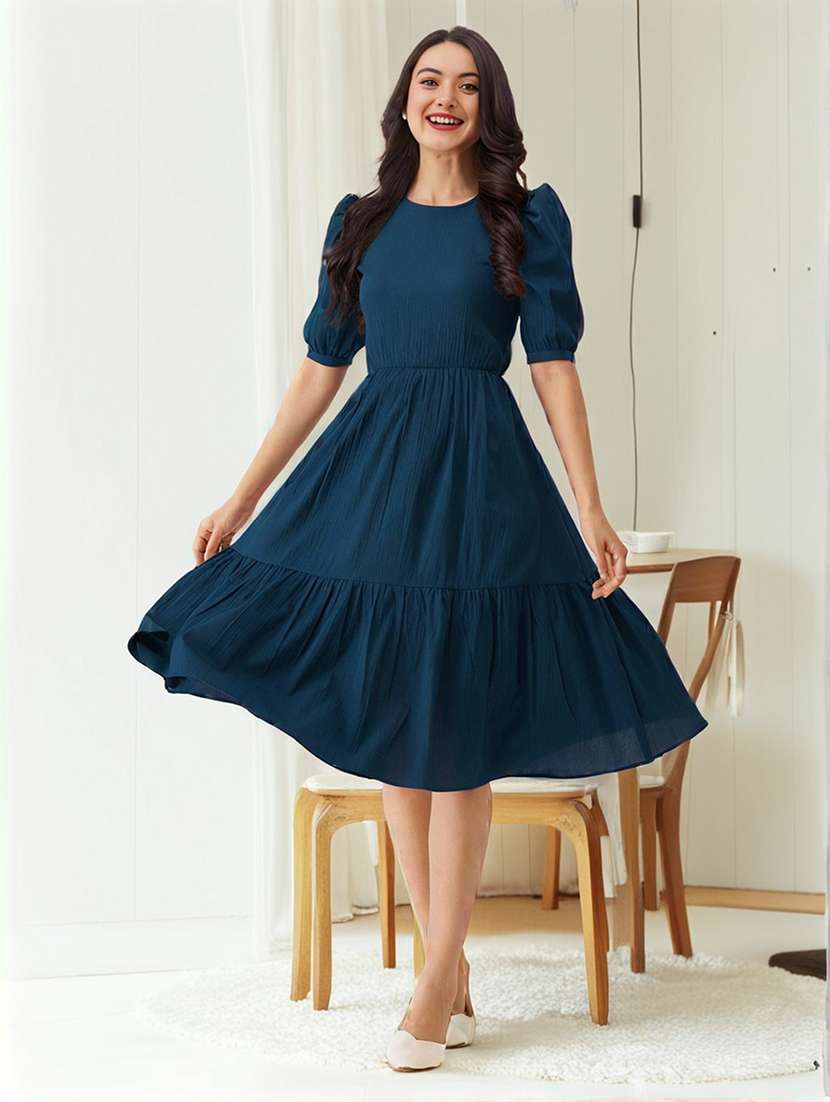 women solid puff sleeve tiered dress - 22436113 -  Standard Image - 1