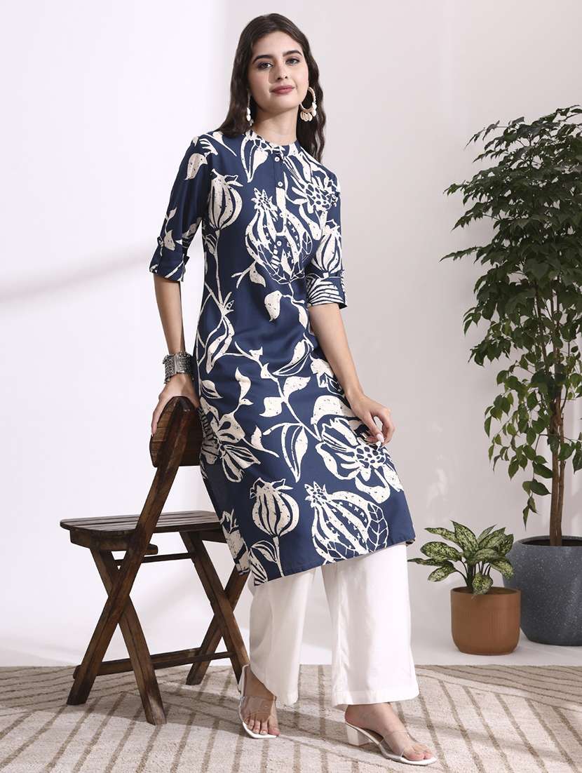 women blue rayon straight kurta