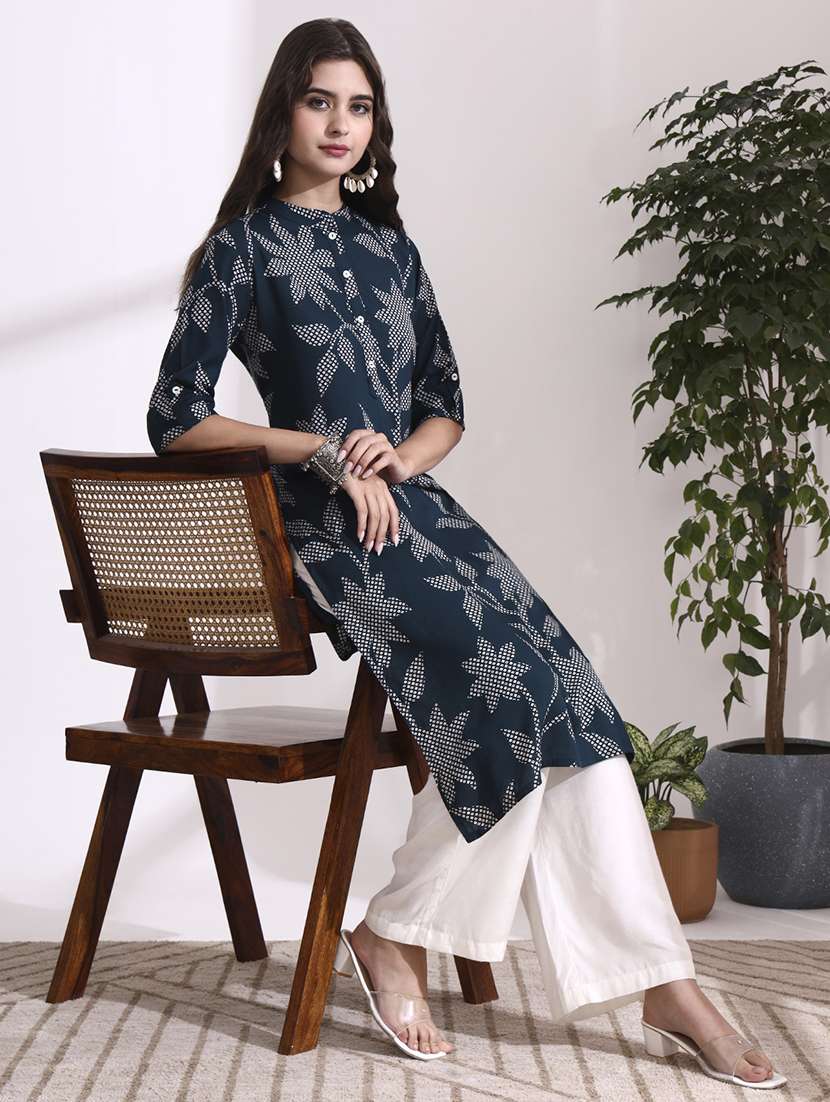 women blue rayon straight kurta