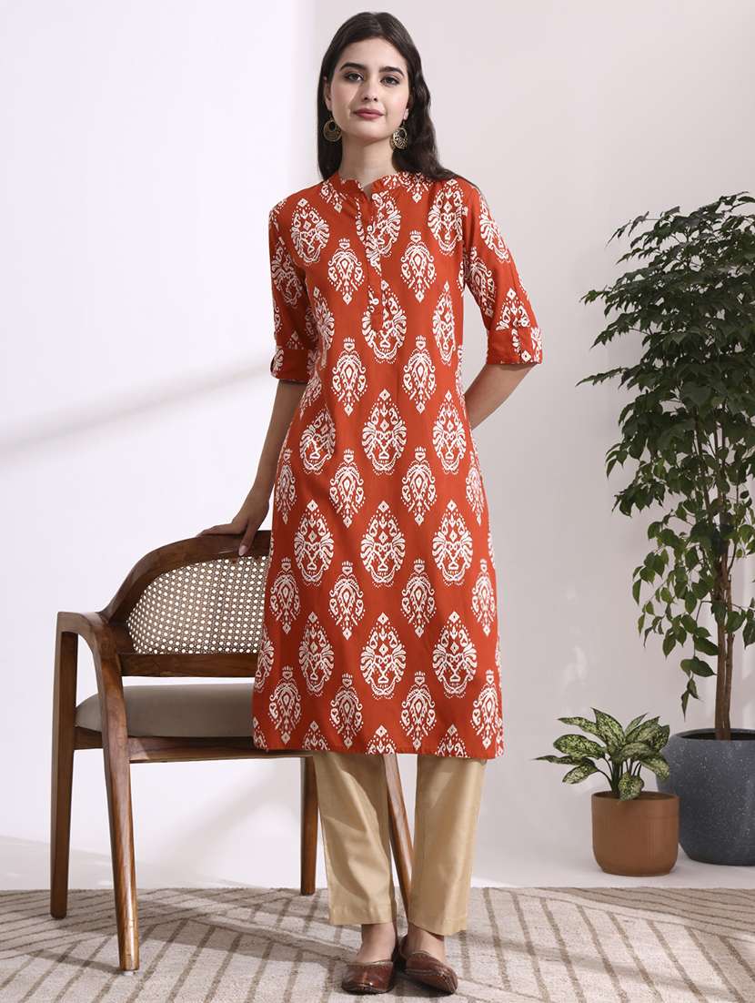 womne orange rayon straight kurta