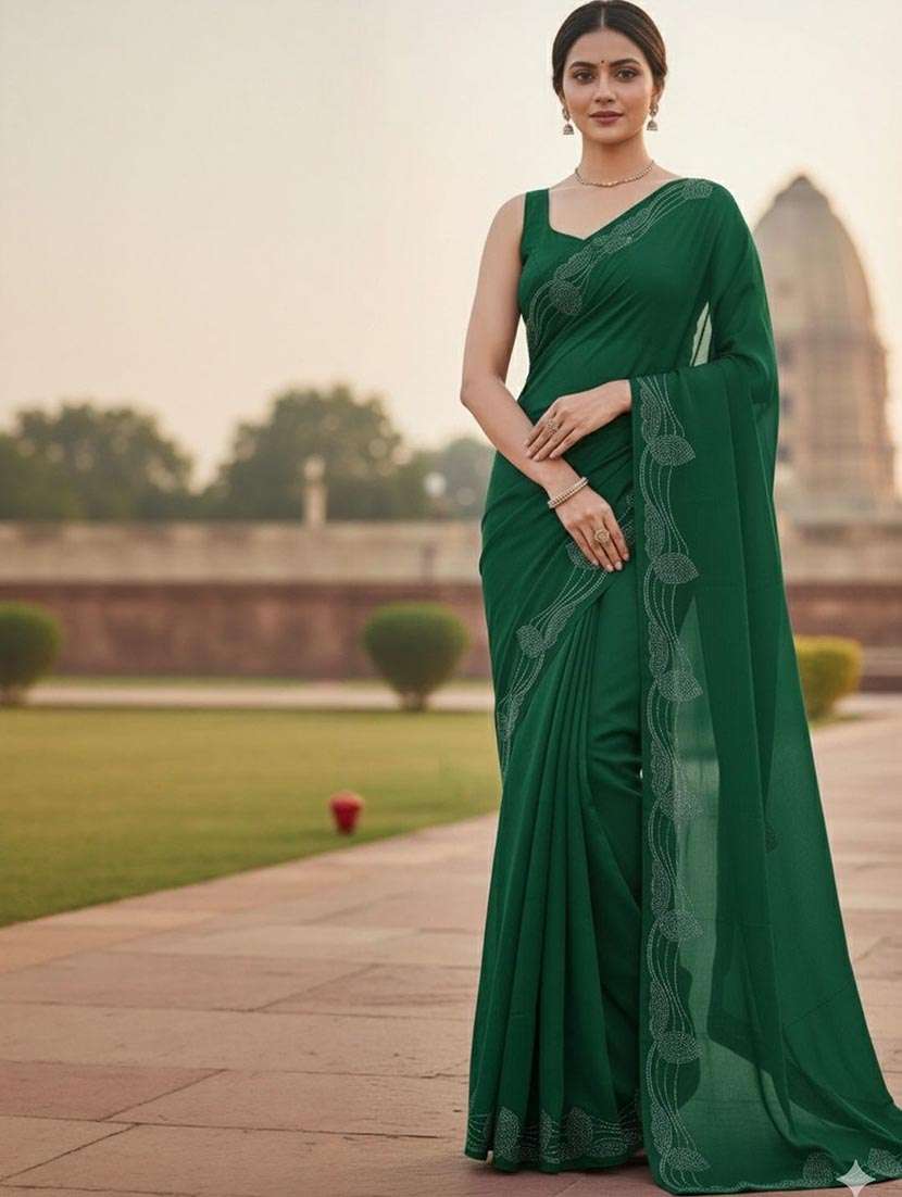 women solid with embellished bordered saree with blouse