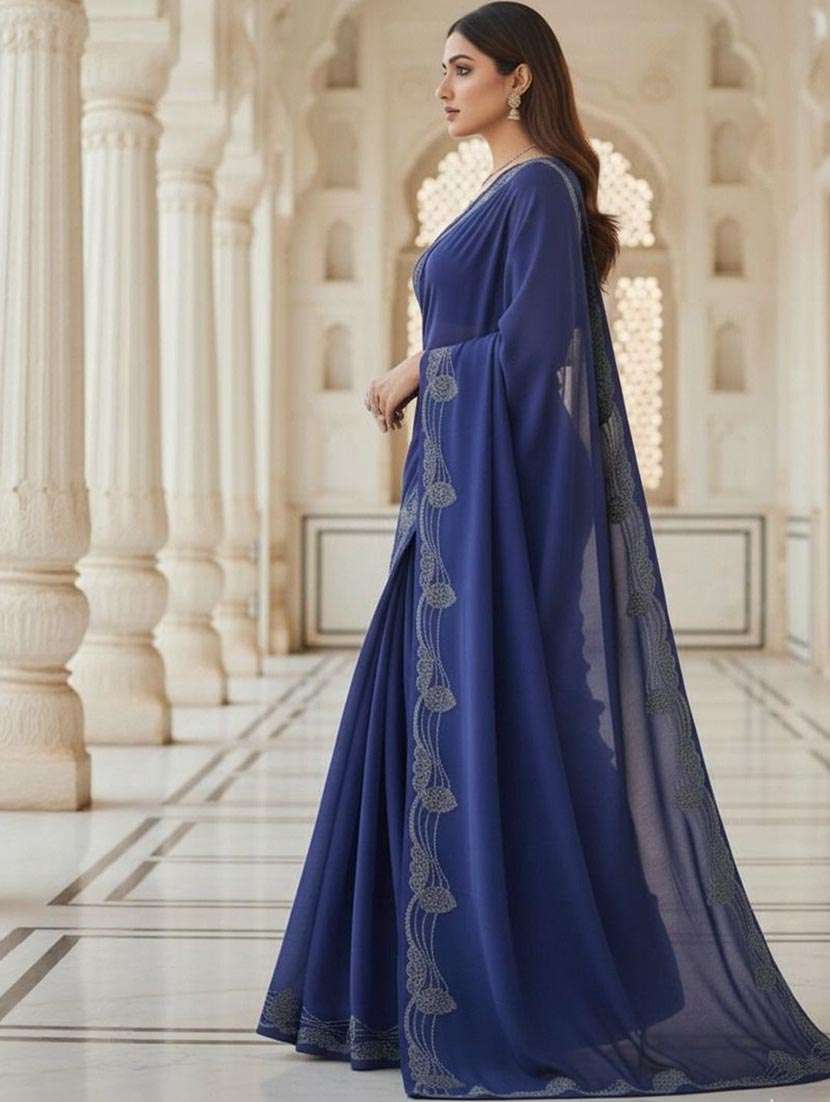 women solid with embellished bordered saree with blouse - 22437655 -  Standard Image - 1