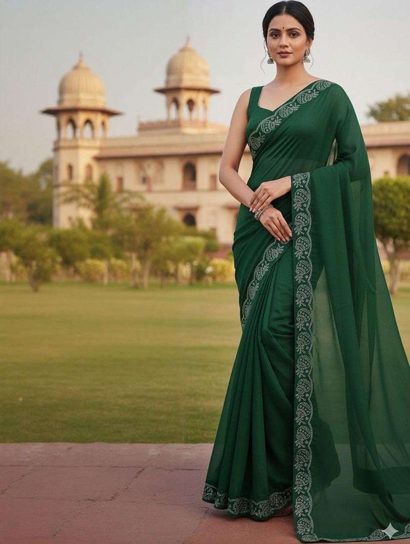 women solid with embellished bordered saree with blouse