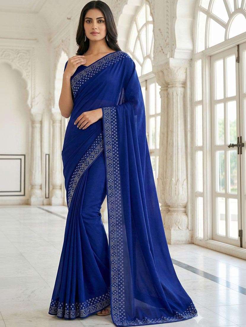 women solid with embellished bordered saree with blouse