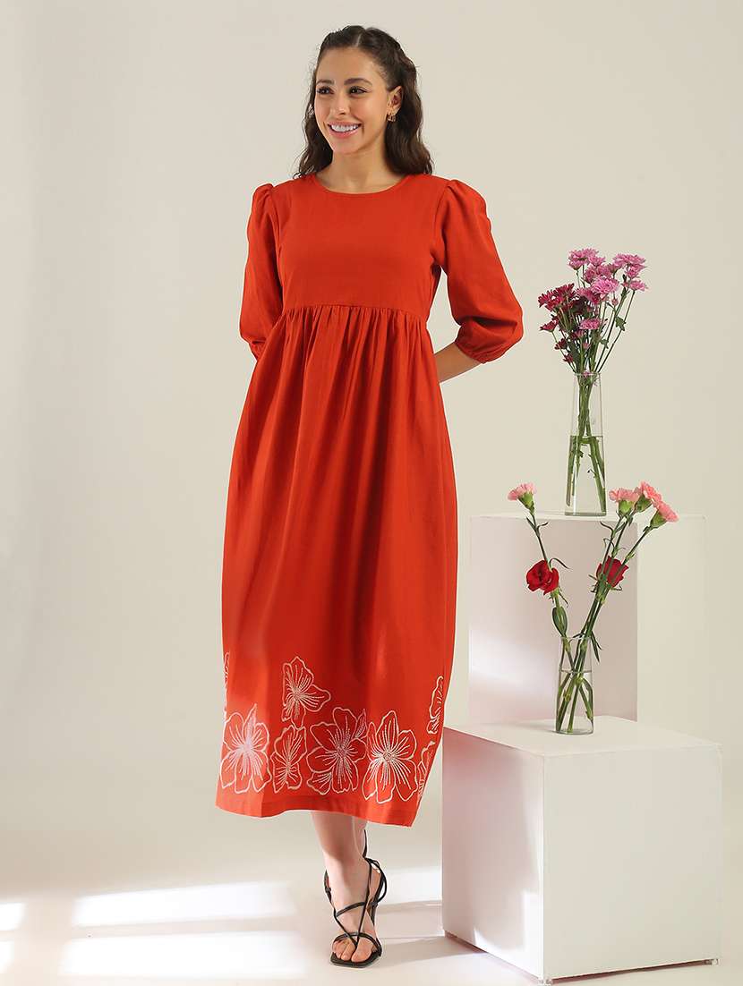 women floral cotton fit & flare midi dress