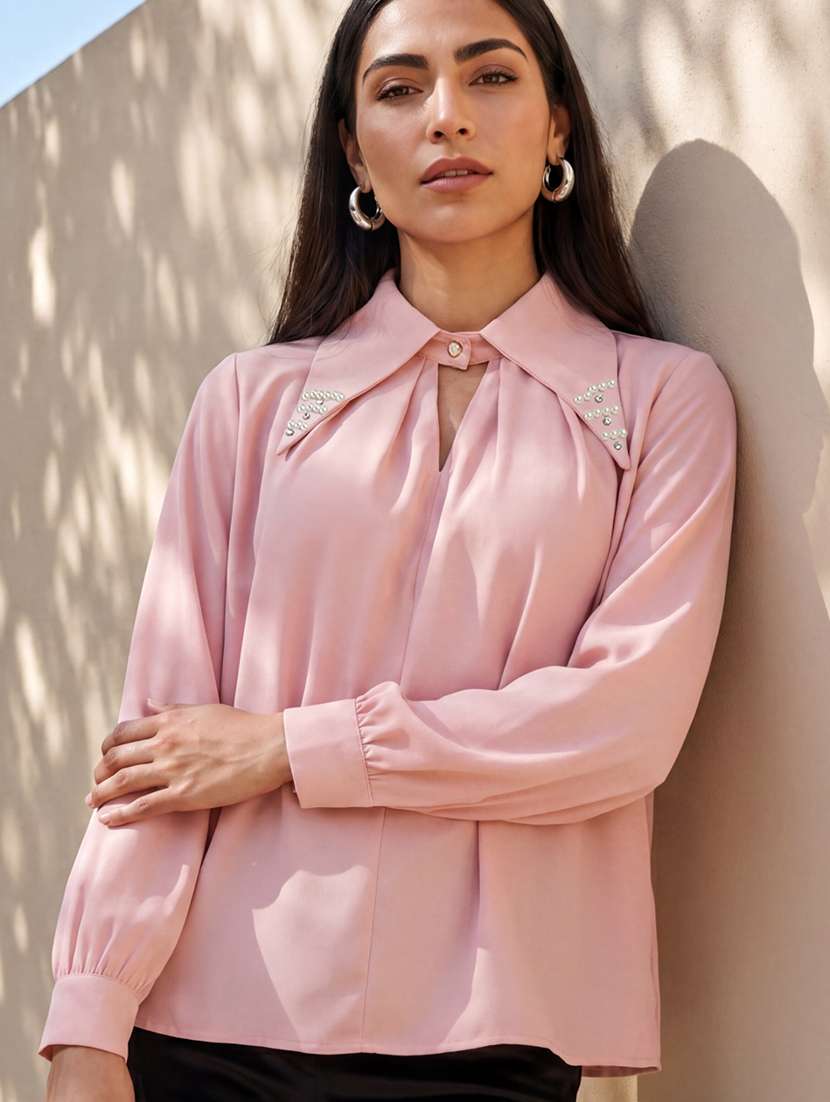 women pink polyester embellished collared party wear top