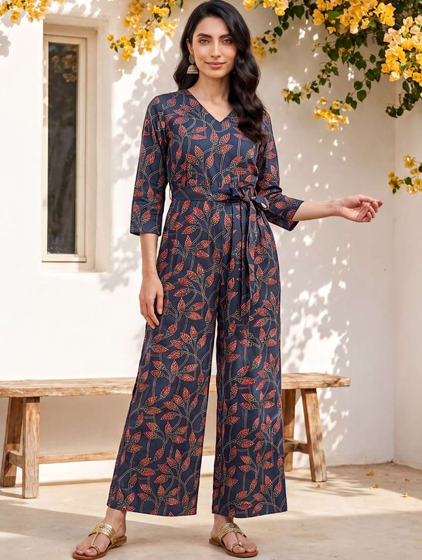 women blue cotton full leg jumpsuit