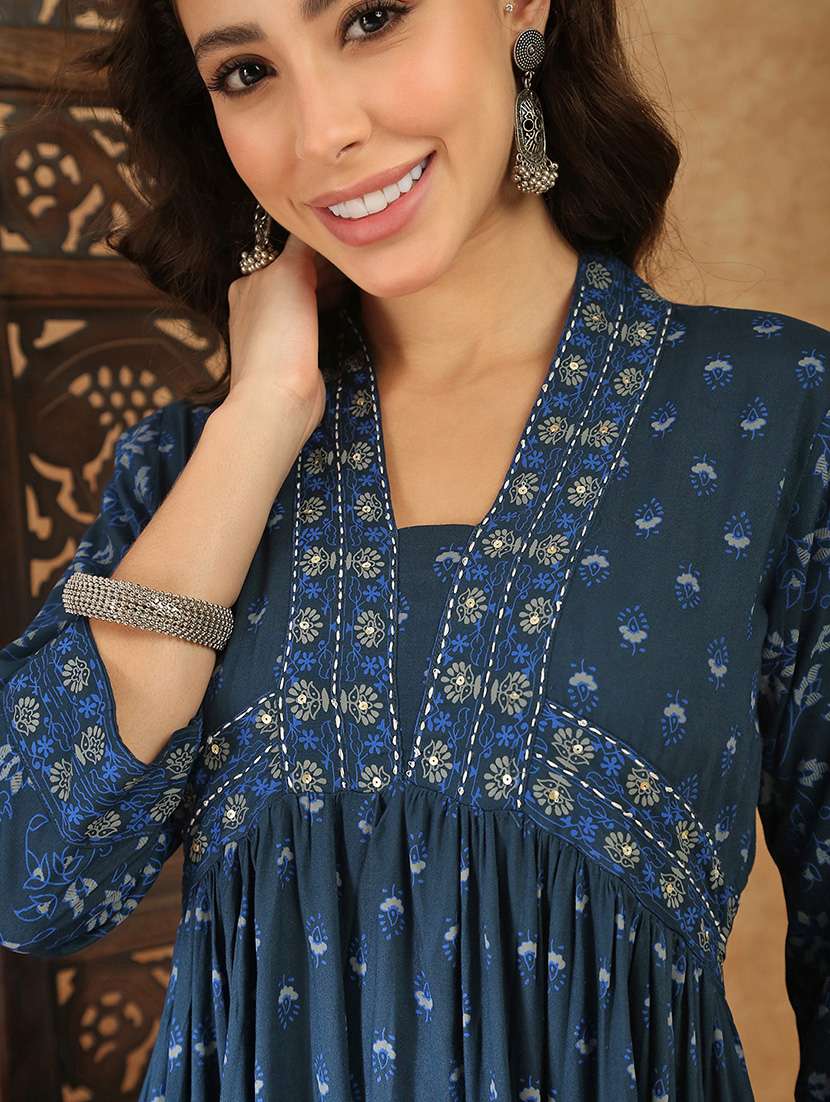 women blue rayon a-line ethnic dress - 22438472 -  Standard Image - 1
