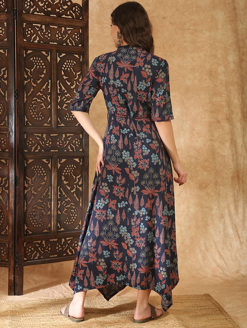 women navy blue rayon a-line ethnic dress - 22438475 -  Standard Image - 4