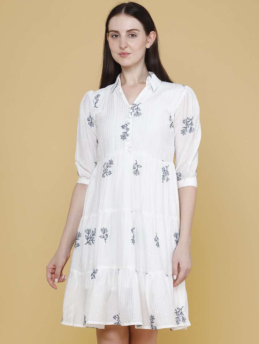 women embroidered collared tiered dress