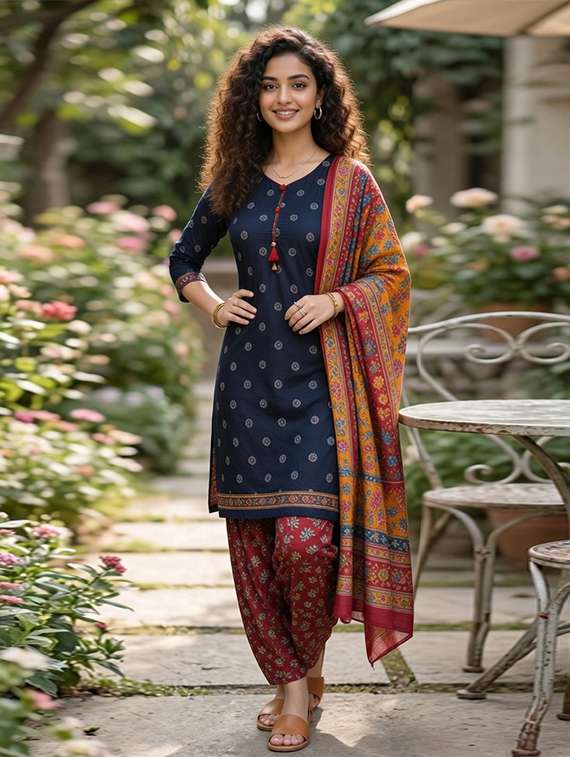 women printed three quarter sleeve kurta salwar with dupatta set