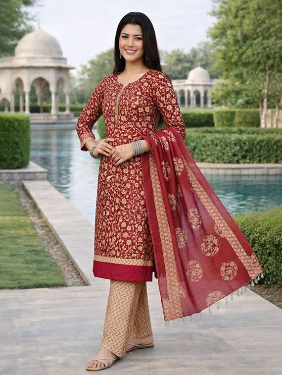 women printed three quarter sleeve kurta salwar with dupatta set - 22439090 -  Standard Image - 1